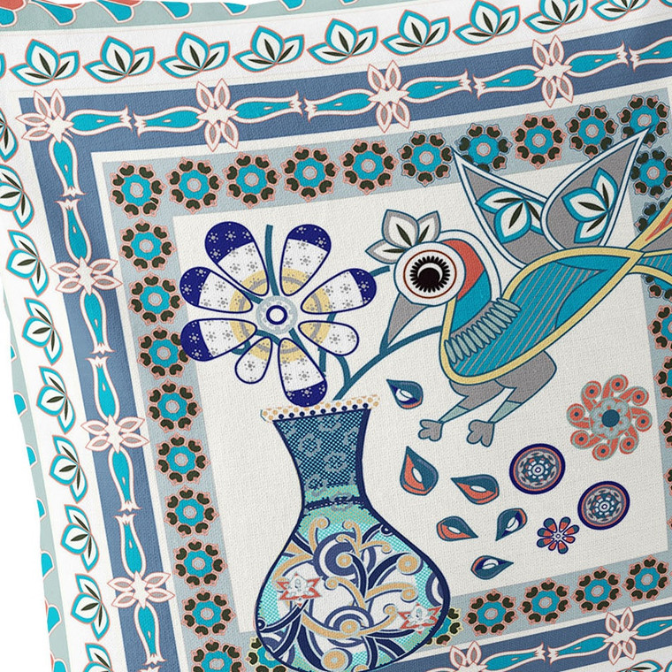 Set of Two 16" X 16" Blue and Off White Peacock Blown Seam Floral Indoor Outdoor Throw Pillow Polyester Home Accent