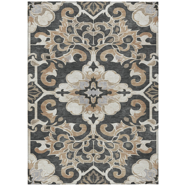 3' X 5' Charcoal And Taupe Damask Washable Indoor Outdoor Area Rug