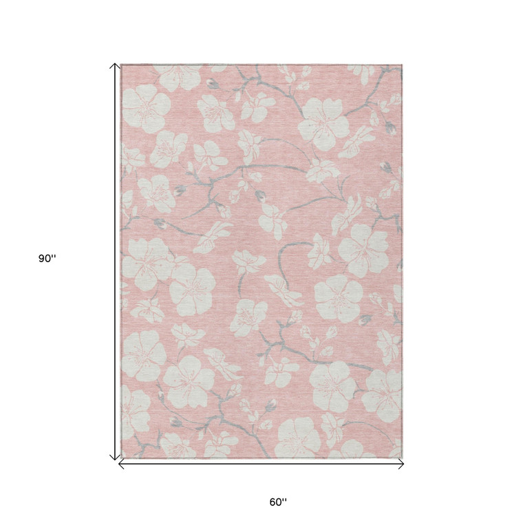 5' X 8' Pink Ivory And Gray Floral Washable Indoor Outdoor Area Rug - Pink, Ivory, Gray