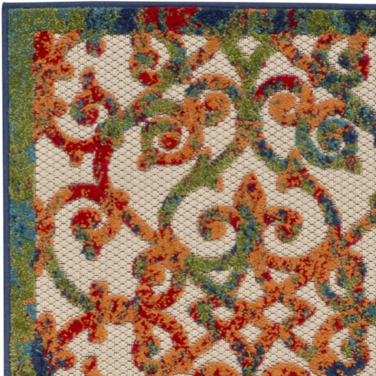 6' Ivory Blue Orange And Green Trellis Indoor Outdoor Runner Rug