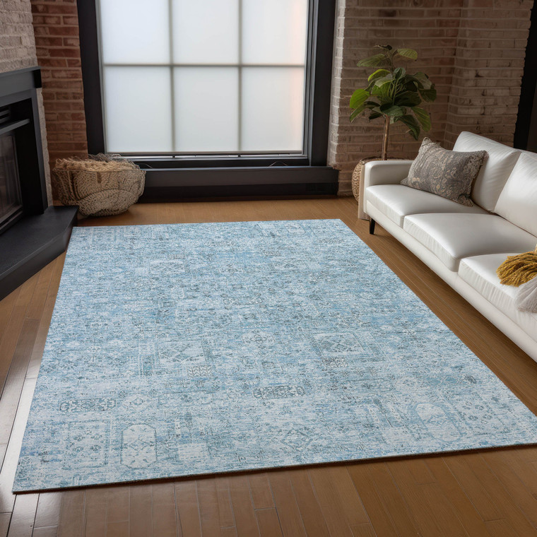 3' X 5' Sky Blue And Denim Blue Floral Washable Indoor Outdoor Area Rug