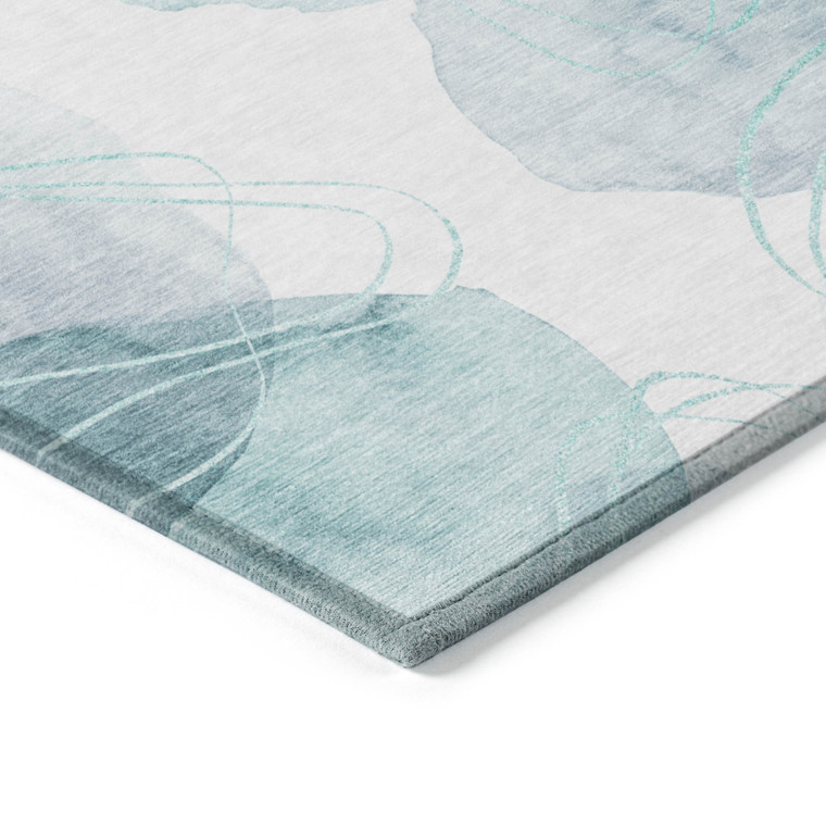 8' Runner Teal and Ivory Abstract Washable Non Skid Indoor Outdoor Runner Rug