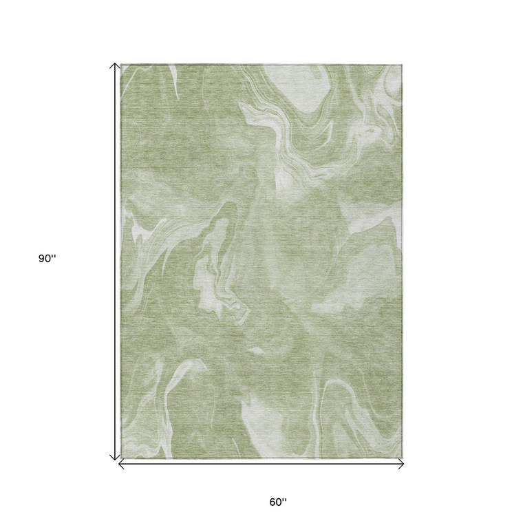 5' X 8' Artichoke Green Fern Green And Ivory Abstract Washable Indoor Outdoor Area Rug