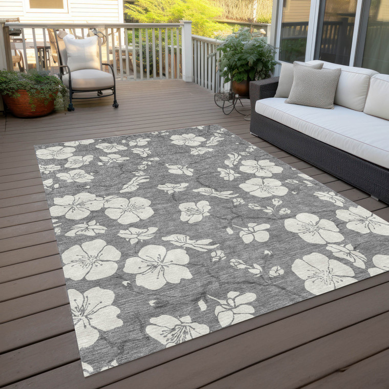 3' X 5' Gray And Ivory Floral Washable Indoor Outdoor Area Rug Transitional Style - Gray, Ivory Color