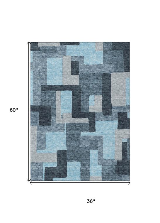 3' X 5' Sky Blue Denim Blue And Gray Geometric Washable Indoor Outdoor Area Rug