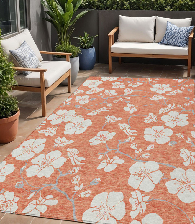 5' X 8' Coral Ivory And Gray Floral Washable Indoor Outdoor Area Rug