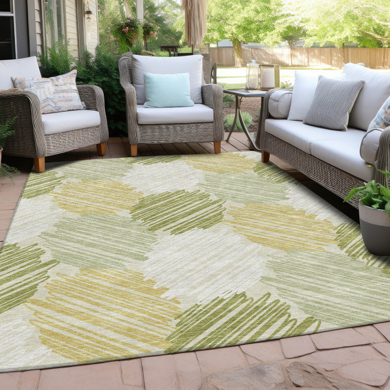 3' X 5' Green Ivory And Gold Geometric Washable Indoor Outdoor Area Rug