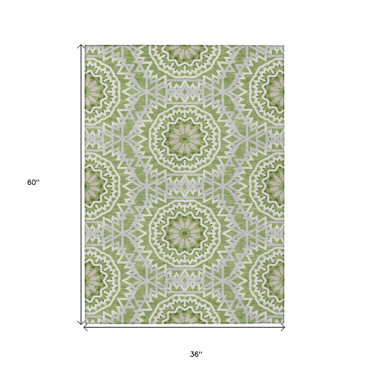 3' X 5' Olive Green And Ivory Floral Medallion Washable Indoor Outdoor Area Rug