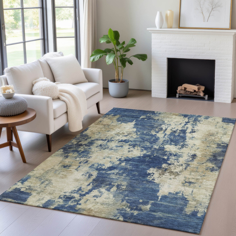 5' X 8' Navy Blue And Beige Abstract Washable Indoor Outdoor Area Rug - Navy Blue, Beige