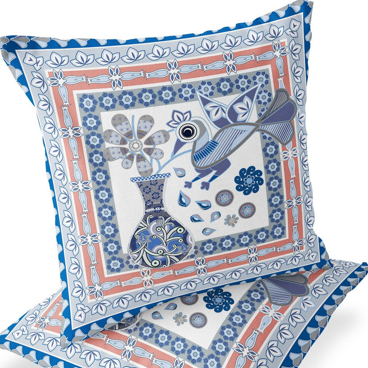 Set of Two 16" X 16" Blue and Gray Peacock Blown Seam Floral Indoor Outdoor Throw Pillow Polyester Home Accent