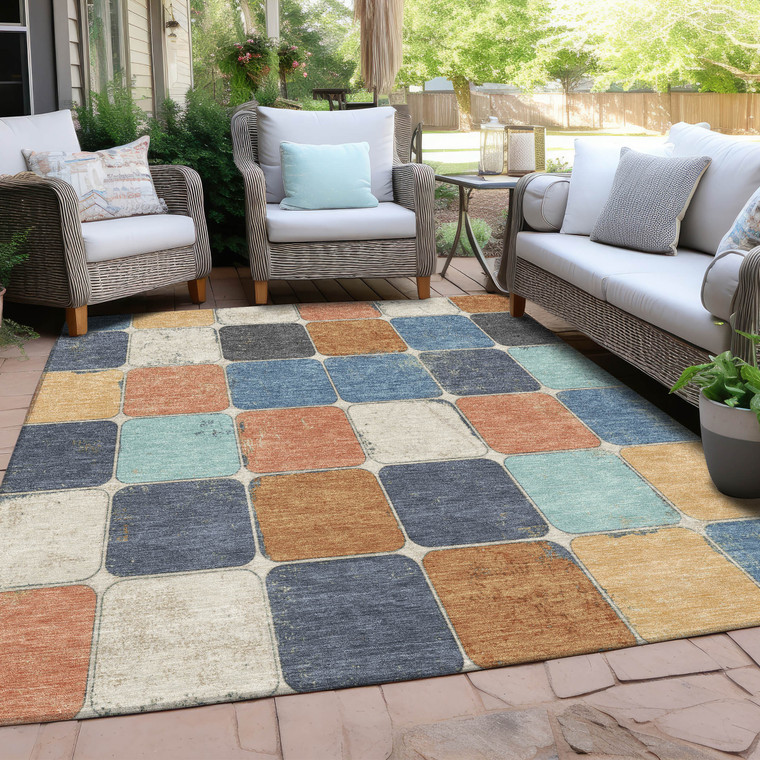 5' X 8' Rust And Denim Blue Geometric Washable Indoor Outdoor Area Rug