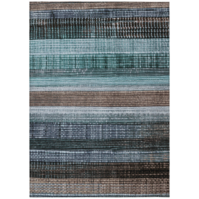 5' X 8' Teal Blue And Brown Striped Washable Indoor Outdoor Area Rug