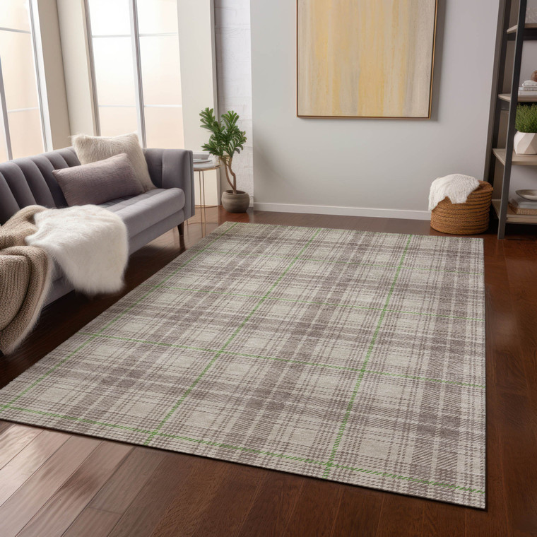 3' X 5' Beige Ivory And Green Plaid Washable Indoor Outdoor Area Rug