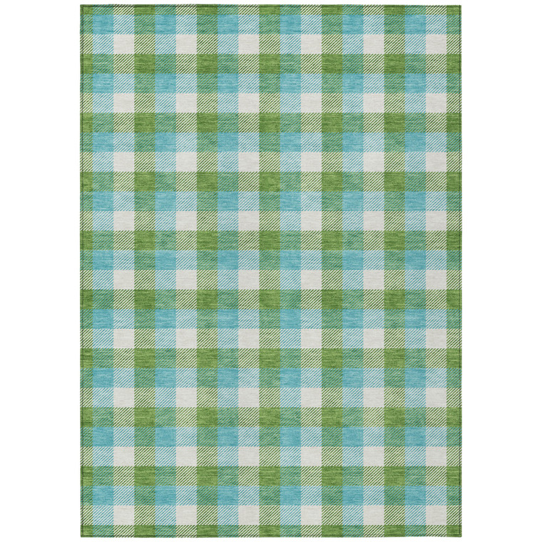 3' X 5' Lime Green Aqua And Beige Plaid Washable Indoor Outdoor Area Rug