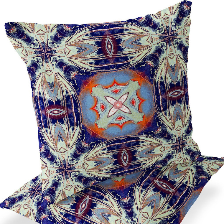 Stylish Design Set of Two 16" X 16" Blue and Orange Blown Seam Floral Indoor Outdoor Throw Pillow for Living Room Bedroom Office