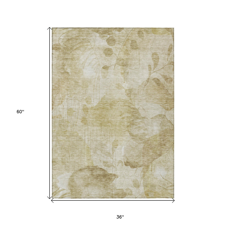 3' X 5' Beige Tan And Ivory Floral Washable Indoor Outdoor Area Rug Transitional Style - Beige, Tan, Ivory Color