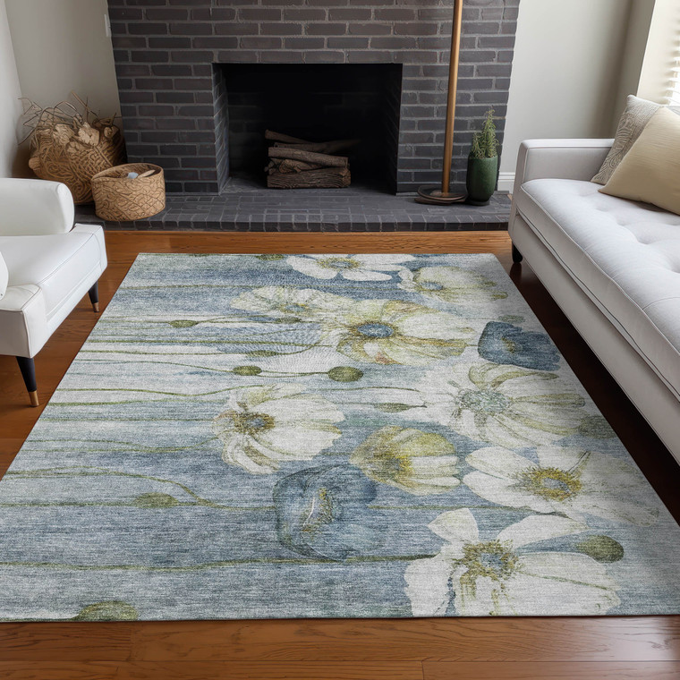 3' X 5' Denim Blue And Sky Blue Floral Washable Indoor Outdoor Area Rug