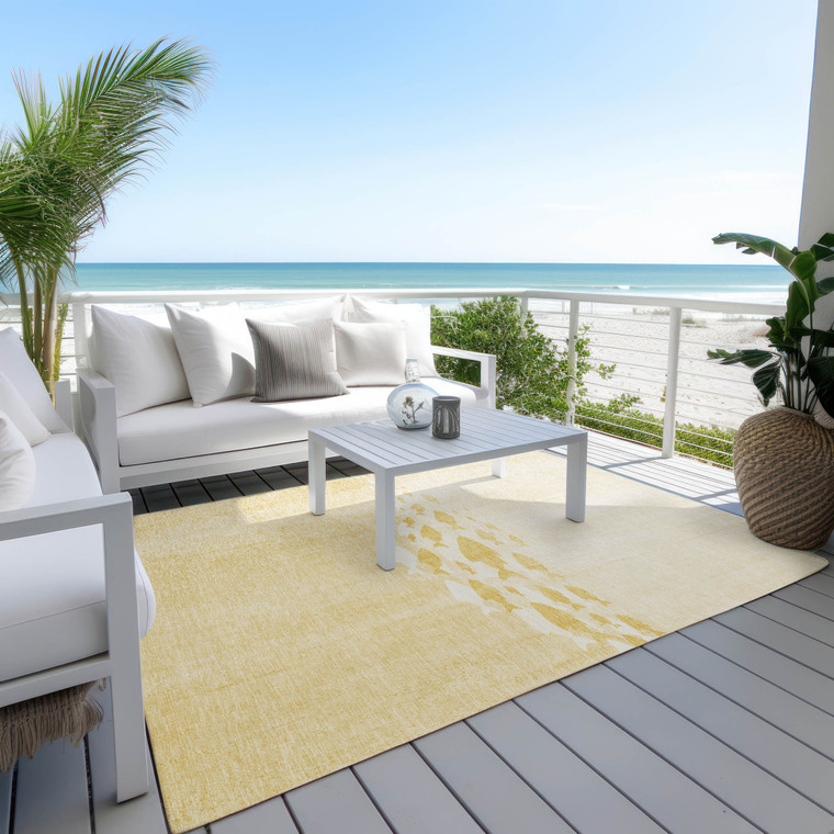 3' X 5' Gold Yellow And Wheat Nautical Washable Indoor Outdoor Area Rug
