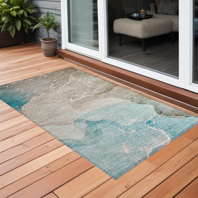 3' X 5' Teal Abstract Washable Non Skid Indoor Outdoor Area Rug - 608219030964