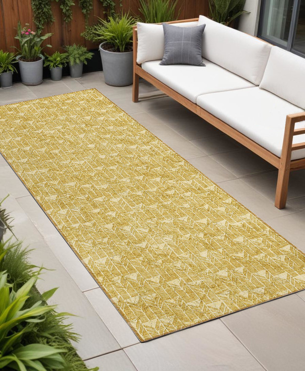 8' Runner Gold Geometric Washable Non Skid Indoor Outdoor Runner Rug