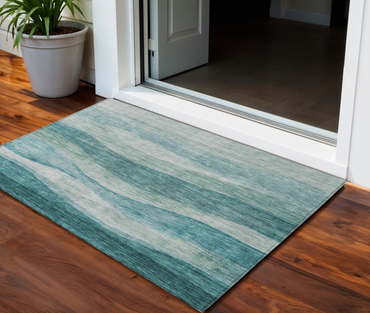 3' X 5' Teal Blue And Aqua Abstract Washable Indoor Outdoor Area Rug Transitional Style - Teal Blue, Aqua Color