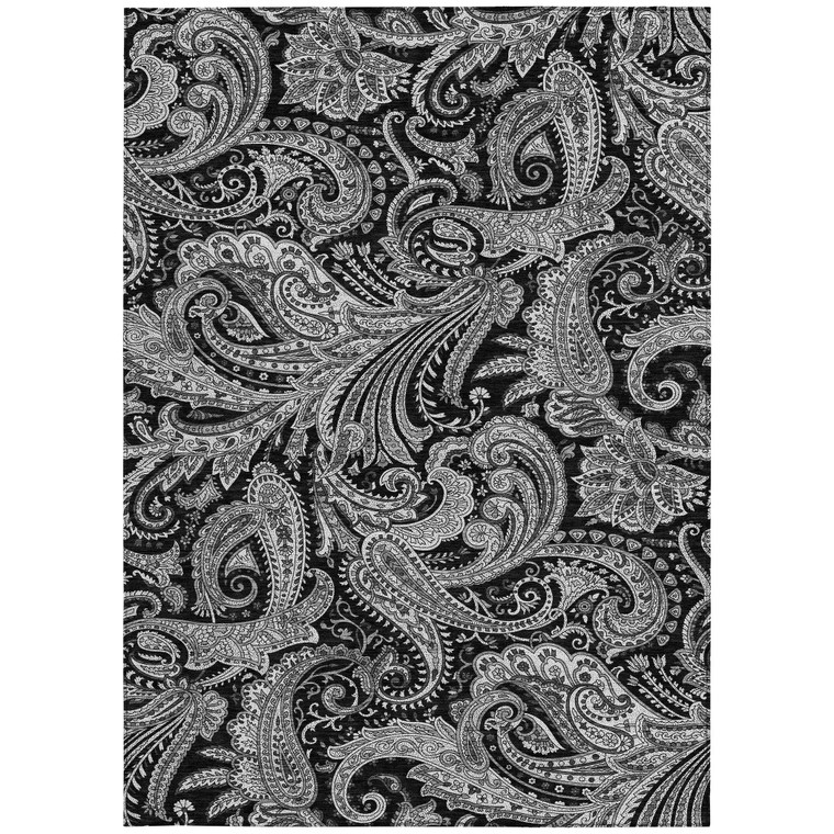 3' X 5' Black Gray And White Paisley Washable Indoor Outdoor Area Rug - 608219090012