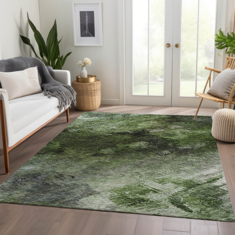 5' X 8' Green And Ivory Abstract Washable Indoor Outdoor Area Rug