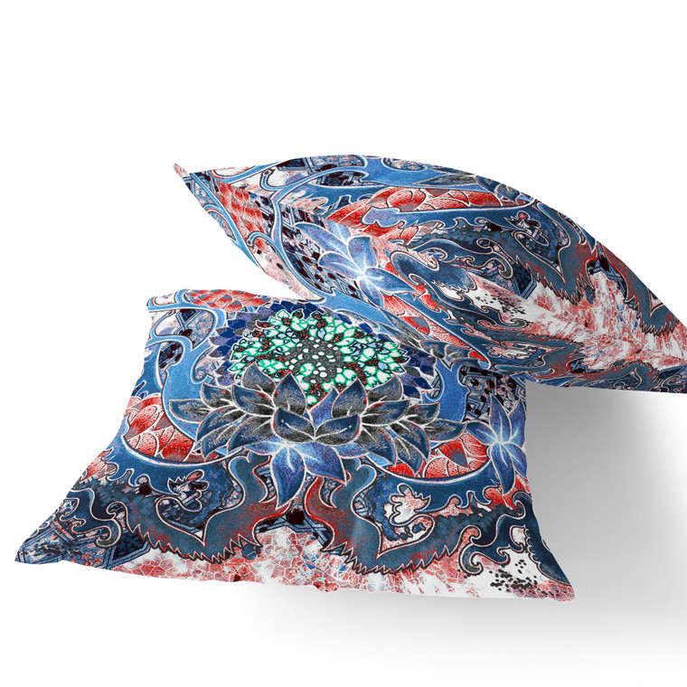 Set of Two 16" X 16" Blue and Pink Blown Seam Floral Indoor Outdoor Throw Pillow Polyester Modern Style