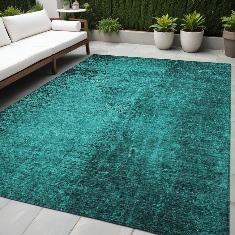 5' X 8' Teal Abstract Washable Non Skid Indoor Outdoor Area Rug Transitional Style - Teal Blue Color