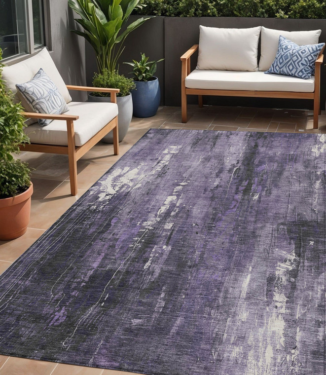 5' X 8' Purple And Ivory Abstract Washable Indoor Outdoor Area Rug - Purple, Ivory