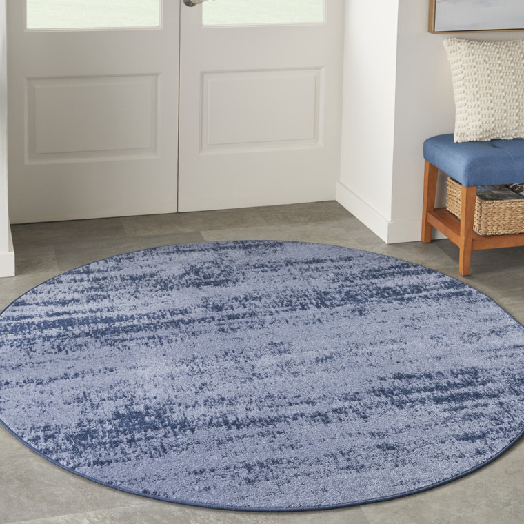 6' Denim Blue And Navy Blue Round Abstract Indoor Outdoor Area Rug