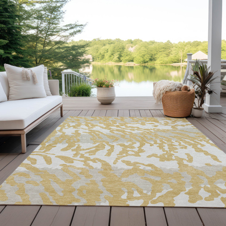 5' X 8' Gold Gray And Ivory Animal Print Washable Indoor Outdoor Area Rug
