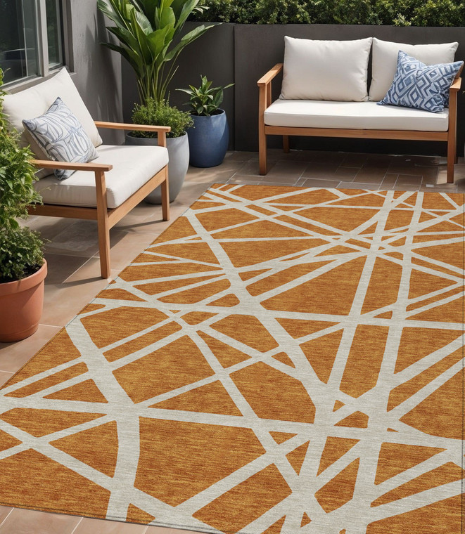 5' X 8' Copper And Beige Geometric Washable Indoor Outdoor Area Rug Transitional Style - Copper, Beige Color