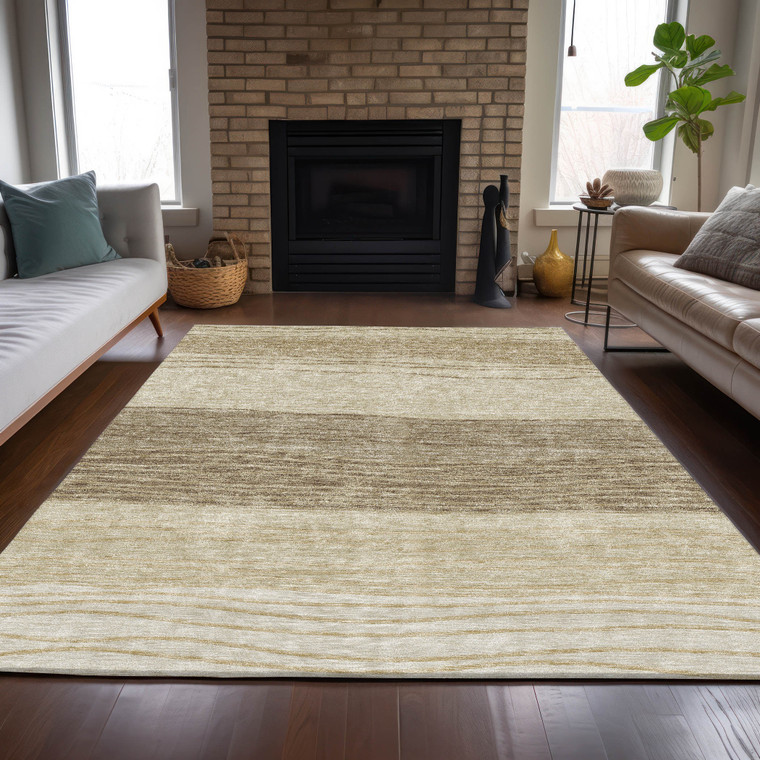 3' X 5' Beige Brown And Taupe Striped Washable Indoor Outdoor Area Rug