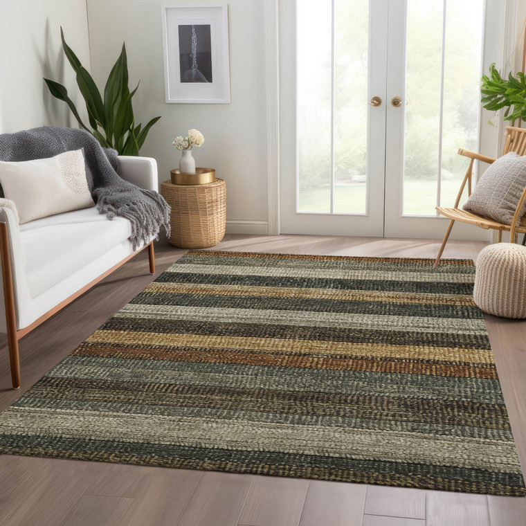 3' X 5' Khaki And Gold Striped Washable Indoor Outdoor Area Rug