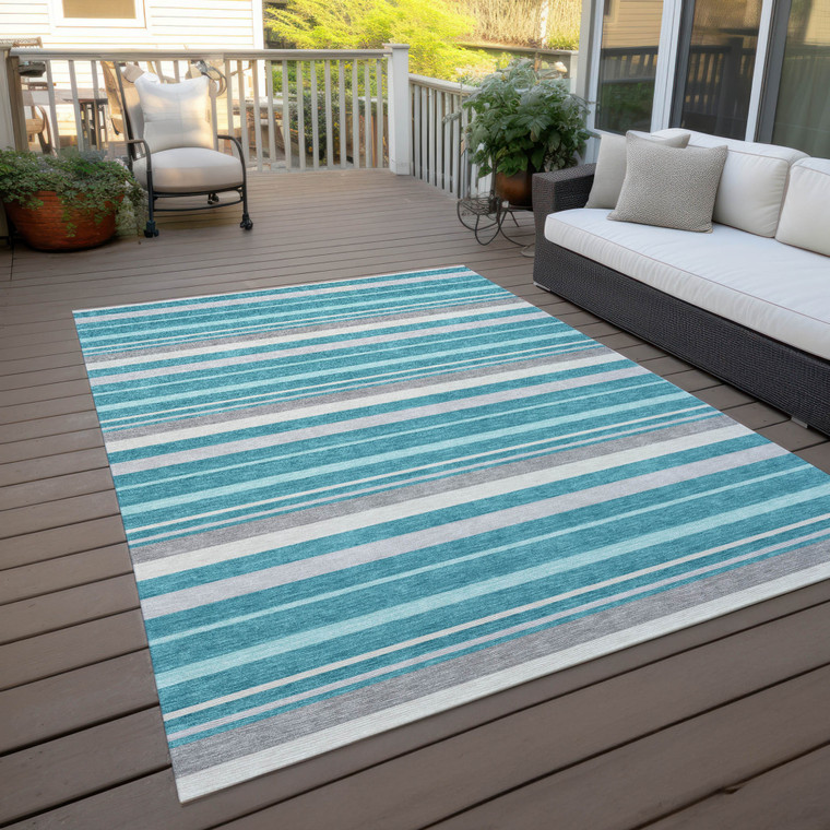 3' X 5' Teal Blue Gray And Ivory Striped Washable Indoor Outdoor Area Rug