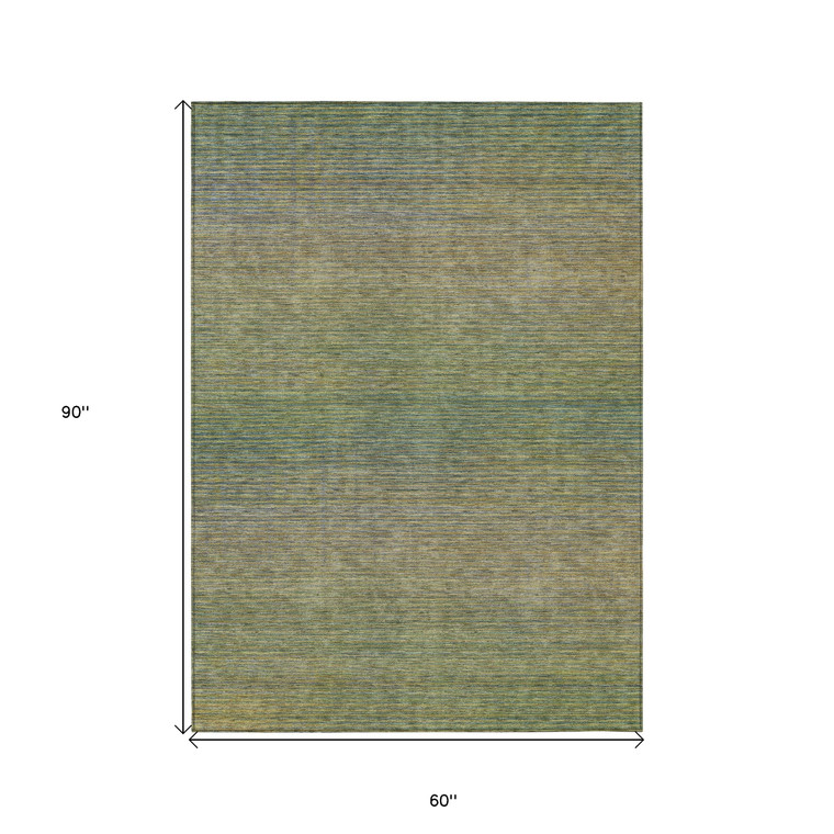 5' X 8' Fern Green Striped Washable Indoor Outdoor Area Rug