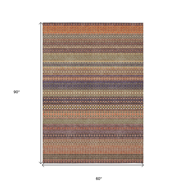 5' X 8' Orange Striped Washable Non Skid Indoor Outdoor Area Rug
