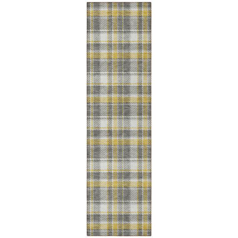 8' Runner Gray Yellow and White Plaid Washable Non Skid Indoor Outdoor Runner Rug