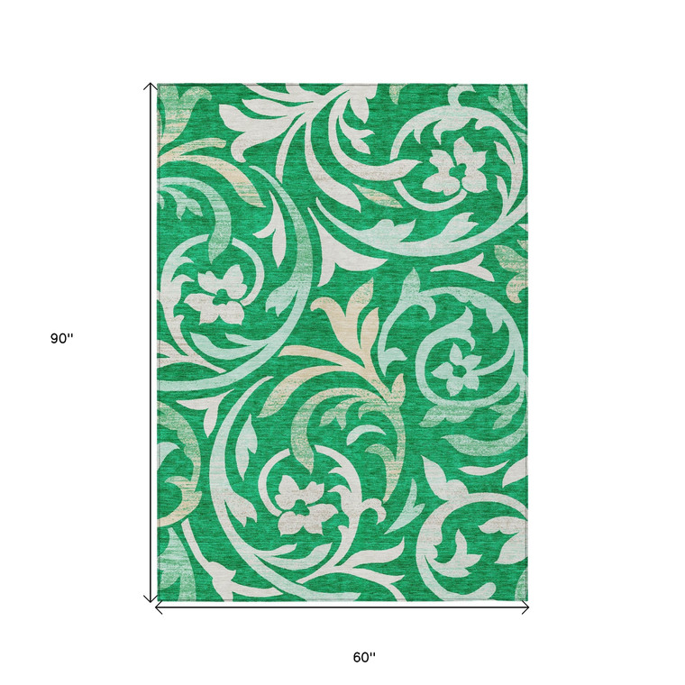5' X 8' Mint Green And Ivory Floral Washable Indoor Outdoor Area Rug