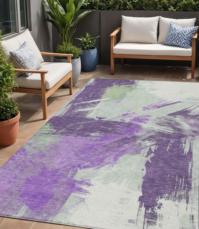 5' X 8' Purple Mint Green And Ivory Abstract Washable Indoor Outdoor Area Rug - Purple, Mint Green, Ivory