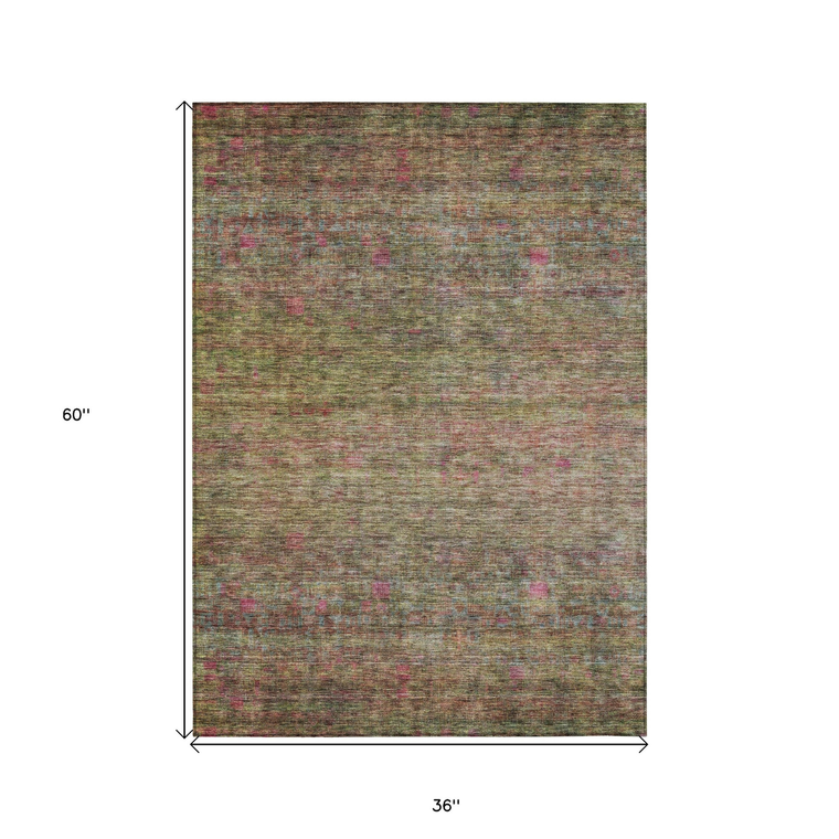 3' X 5' Artichoke Green And Hot Pink Floral Washable Indoor Outdoor Area Rug