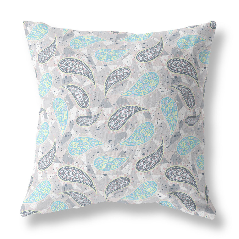 28” Gray Turquoise Boho Paisley Indoor Outdoor Throw Pillow - 606114022954