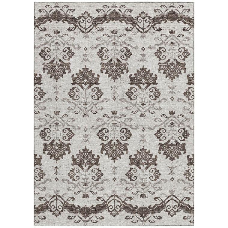 5' X 8' Chocolate Taupe And Beige Oriental Washable Indoor Outdoor Area Rug