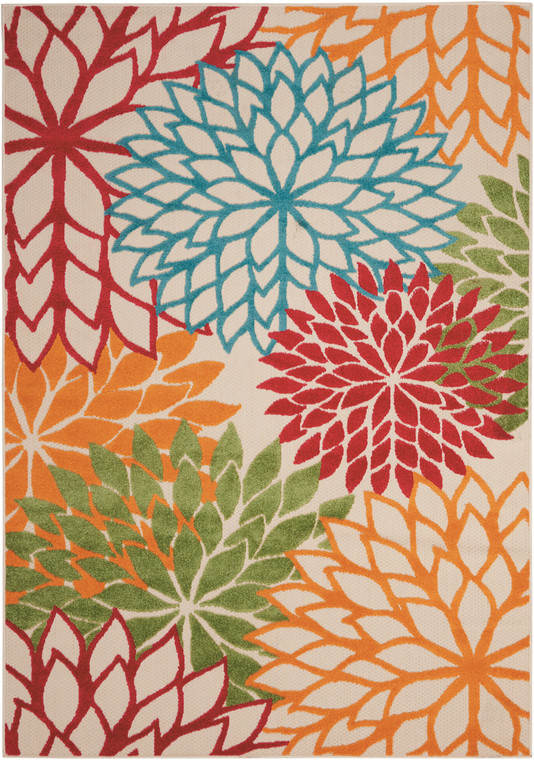 5' X 8' Ivory Green Blue Red And Orange Floral Indoor Outdoor Area Rug