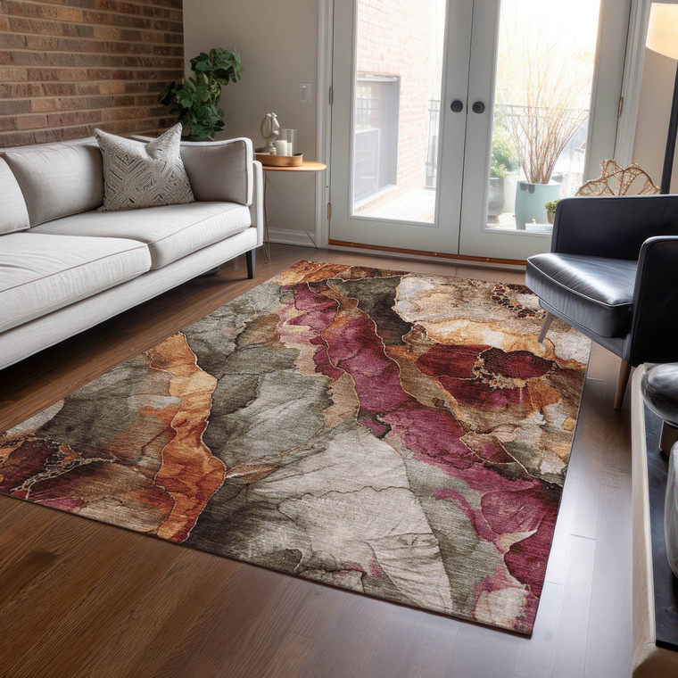 5' X 8' Khaki And Blush Floral Washable Indoor Outdoor Area Rug