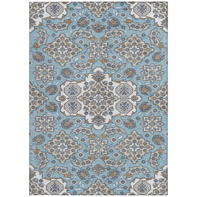 3' X 5' Sky Blue Taupe And Ivory Medallion Washable Indoor Outdoor Area Rug