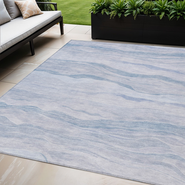 5' X 8' Sky Blue Striped Washable Indoor Outdoor Area Rug