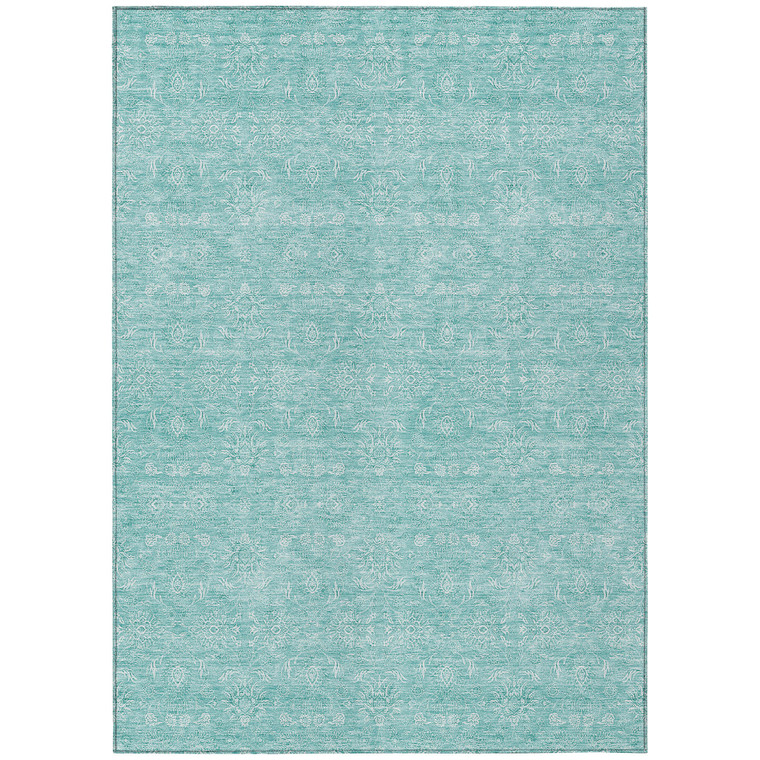 5' X 8' Aqua And Ivory Floral Washable Indoor Outdoor Area Rug - Aqua, Ivory