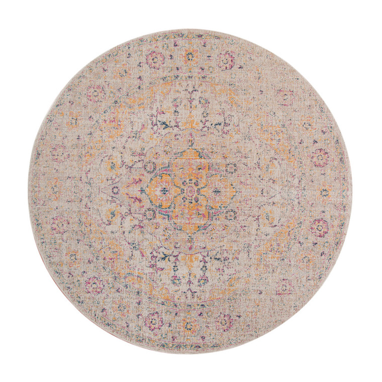 6' Ivory And Yellow Oriental Distressed Round Rug
